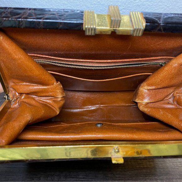 Vintage 1950s Genuine Alligator Crocodile Dark Brown Handbag Rectangular - Picture 9 of 16